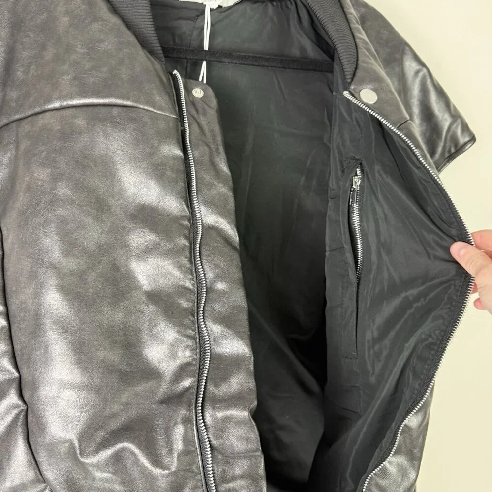 MNML Leather Bomber Vest Black Oversized Streetwear Zip Jacket Mens Large